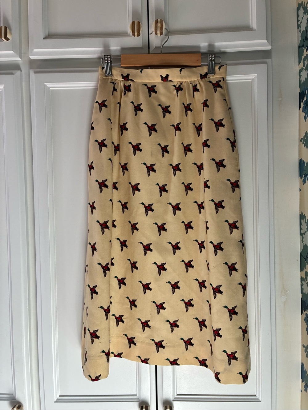 Cream A-Line Skirt with Red Bird Print